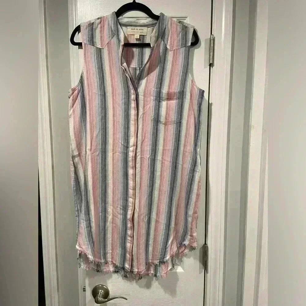 Anthropologie Cloth & Stone Ripped Hem Sleeveless Striped Shirt Dress Size M